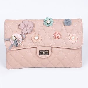 Pink Quilted Faux pearl and flower clutch bag